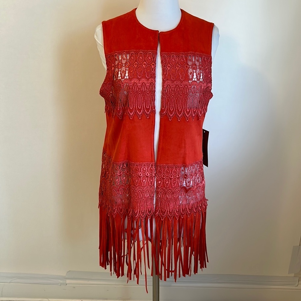 Bagatelle Red Faux Suede Fringed Lace Inset Vest